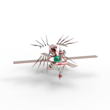 Manzaranın arka planında duran bilim kurgu-meka askeri. Yeşil ve gri renkli metali olan askeri fütürist robot. Mekanik bir pilot tarafından kontrol ediliyor. Kazınmış metal zırh robotu. Mekanik savaşı. 3d oluşturma