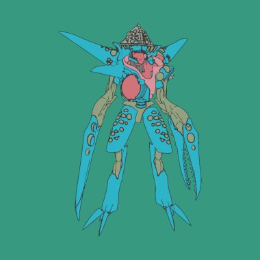 Vektör çizimi. Mekagodzilla arka planda. Tişört tasarımı, poster, çıkartma.