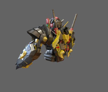 Sci-fi mech asker bir manzara arka plan üzerinde duruyor. Yeşil ve gri renk metal ile askeri fütüristik robot. Mech bir pilot tarafından kontrol ediliyor. Çizik metal zırh robotu. Mech Savaşı. 3d render