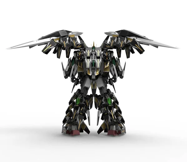 Fantascienza mech soldato in piedi su uno sfondo paesaggio. Robot futuristico militare con metallo di colore verde e grigio. Mech controllato da un pilota. Robot con armatura in metallo graffiato. Battaglia di Mech. Rendering 3D — Foto Stock