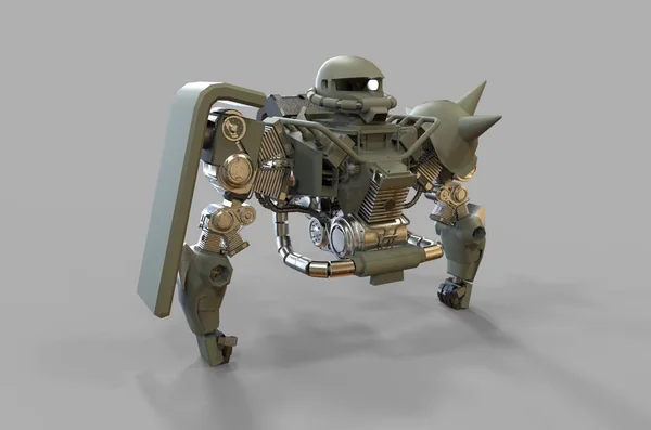Prajurit Sci-fi Mech berdiri di atas latar belakang pemandangan. Robot militer futuristik dengan logam berwarna hijau dan abu-abu. Mech dikendalikan oleh pilot. Robot baja yang tergores. Pertempuran Mech. Perender 3D — Stok Foto