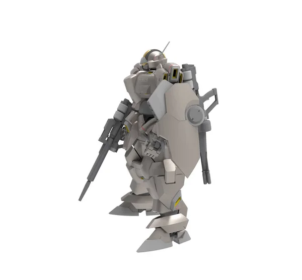 Sci-fi soldado mech em pé sobre um fundo paisagem. Robô futurista militar com um metal de cor verde e cinza. Mecha controlada por um piloto. Robô de armadura de metal riscado. Batalha de Mech. Renderização 3D — Fotografia de Stock