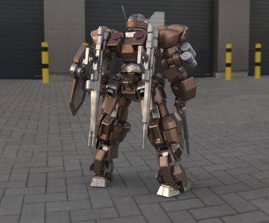 Sci-fi mech asker bir manzara arka plan üzerinde duruyor. Yeşil ve gri renk metal ile askeri fütüristik robot. Mech bir pilot tarafından kontrol ediliyor. Çizik metal zırh robotu. Mech Savaşı. 3d render