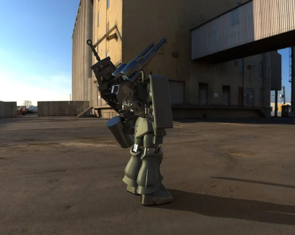 Science-Fiction-Mechaniker, der vor einem Landschaftsbild steht. militärische futuristische Roboter mit einer grünen und grauen Farbe Metall. mech, das von einem Piloten gesteuert wird. zerkratzte Metallpanzerroboter. mech Schlacht. 3D-Darstellung — Stockfoto
