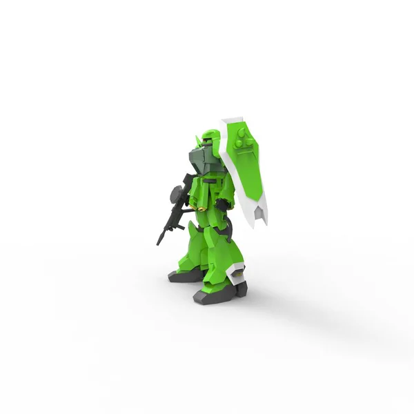 Sci-Fi хутро солдата стоячи на білому фоні. Військовий футуристичний робот з зеленим і сірим кольором металу. Механіка контролюється пілотом. Подряпаний металевий обладунок робота. Інженерна битва. 3D-рендерінг — стокове фото