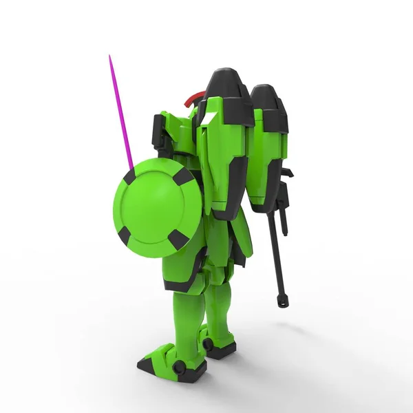 Soldat de science-fiction sur fond blanc. Robot militaire futuriste avec un métal de couleur vert et gris. Mech contrôlé par un pilote. Robot blindé en métal rayé. Bataille de Mech. rendu 3D — Photo