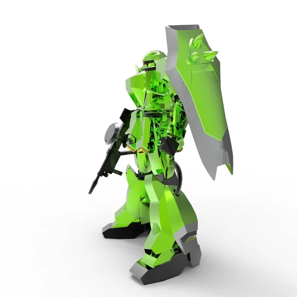 Sci-fi mech soldier standing on a white background. Military futuristic robot with a green and gray color metal. Mech controlled by a pilot. Scratched metal armor robot. Mech Battle. 3D rendering — Stock Photo, Image