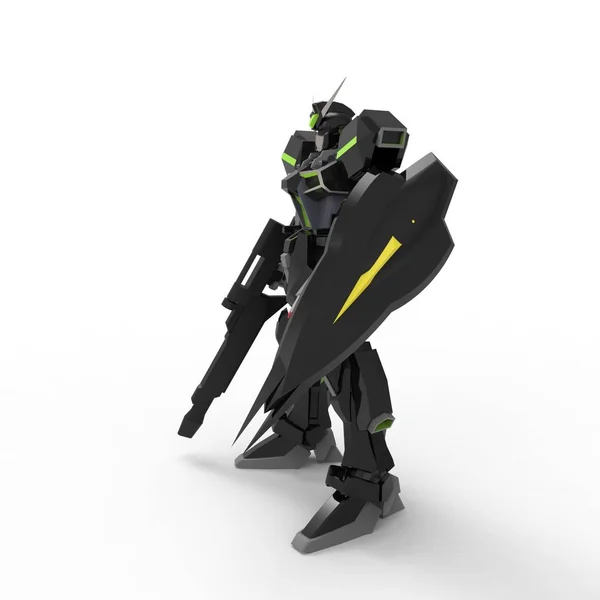 Sci-Fi хутро солдата стоячи на білому фоні. Військовий футуристичний робот з зеленим і сірим кольором металу. Механіка контролюється пілотом. Подряпаний металевий обладунок робота. Інженерна битва. 3D-рендерінг — стокове фото