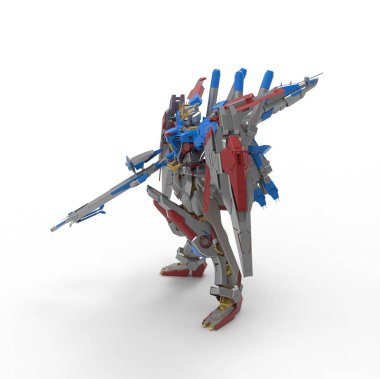 Sci-fi mech asker bir manzara arka plan üzerinde duruyor. Yeşil ve gri renk metal ile askeri fütüristik robot. Mech bir pilot tarafından kontrol ediliyor. Çizik metal zırh robotu. Mech Savaşı. 3d render