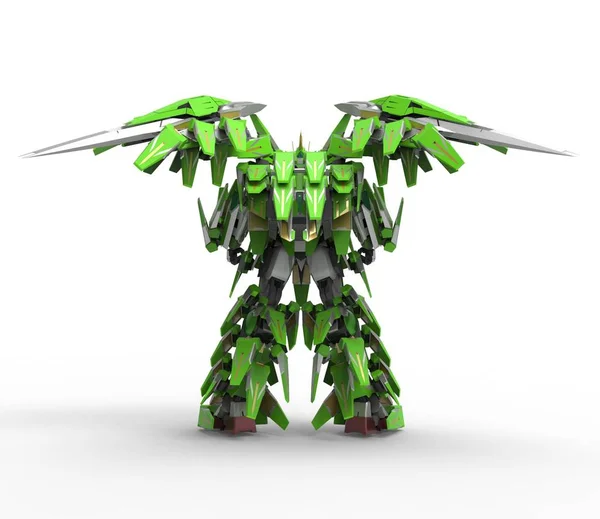 Science-Fiction-Mechaniker, der vor einem Landschaftsbild steht. militärische futuristische Roboter mit einer grünen und grauen Farbe Metall. mech, das von einem Piloten gesteuert wird. zerkratzte Metallpanzerroboter. mech Schlacht. 3D-Darstellung — Stockfoto