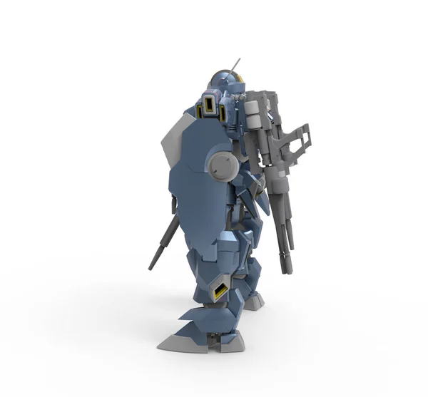 Soldado mecánico de ciencia ficción de pie sobre un fondo de paisaje. Robot futurista militar con metal de color verde y gris. Mech controlado por un piloto. Robot de armadura de metal rayado. Batalla Mech. Renderizado 3D —  Fotos de Stock