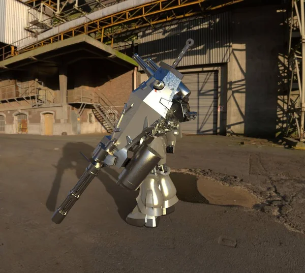 Sci-Fi хутро солдата стоячи на фоні ландшафту. Військовий футуристичний робот з зеленим і сірим кольором металу. Механіка контролюється пілотом. Подряпаний металевий обладунок робота. Інженерна битва. 3D-рендерінг — стокове фото
