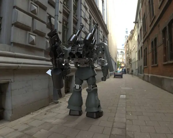 Sci-fi-soldat på landskapsbakgrunn. Militær futuristisk robot med grønt og grått metall. Mech kontrollert av en pilot. Skrapte metallrustningsrobot. Mech-kamp. 3D-gjengivelse – stockfoto