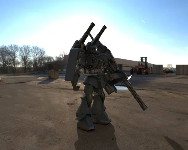 Sci-fi mech soldier standing on a landscape background. Military futuristic robot with a green and gray color metal. Mech controlled by a pilot. Scratched metal armor robot. Mech Battle. 3D rendering — Stock Photo, Image