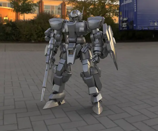 科幻的麦奇士兵站在风景背景上。军事未来机器人与绿色和灰色金属。由飞行员控制的梅奇划伤的金属盔甲机器人。梅奇之战3d 渲染 — 图库照片