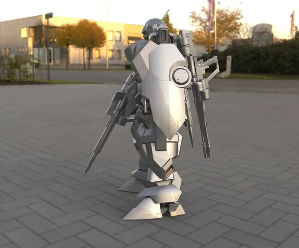 Science-Fiction-Mechaniker, der vor einem Landschaftsbild steht. militärische futuristische Roboter mit einer grünen und grauen Farbe Metall. mech, das von einem Piloten gesteuert wird. zerkratzte Metallpanzerroboter. mech Schlacht. 3D-Darstellung — Stockfoto