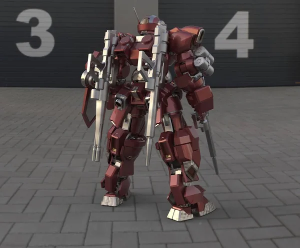 Sci-fi mech asker bir manzara arka plan üzerinde duruyor. Yeşil ve gri renk metal ile askeri fütüristik robot. Mech bir pilot tarafından kontrol ediliyor. Çizik metal zırh robotu. Mech Savaşı. 3d render — Stok fotoğraf