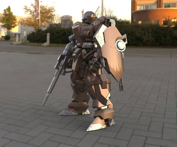 Sci-fi mech soldat stående på en landskab baggrund. Militær futuristisk robot med en grøn og grå farve metal. Mech kontrolleres af en pilot. Skradset metal rustning robot. Mech Battle. 3D-gengivelse - Stock-foto