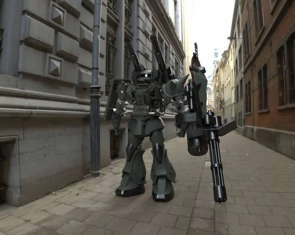 Prajurit Sci-fi Mech berdiri di atas latar belakang pemandangan. Robot militer futuristik dengan logam berwarna hijau dan abu-abu. Mech dikendalikan oleh pilot. Robot baja yang tergores. Pertempuran Mech. Perender 3D — Stok Foto