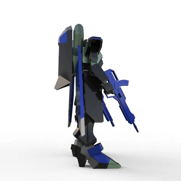 पांढर्या पार्श्वभूमीवर उभे असलेले साय-फाय मेक सैनिक. हिरव्या आणि राखाडी रंगाच्या धातूसह सैन्य भविष्यातील रोबोट. पायलटद्वारे नियंत्रित मेच. स्क्रॅच मेटल चिलखत रोबोट. लढाई लढू. 3D रेंडरिंग — स्टॉक फोटो, इमेज