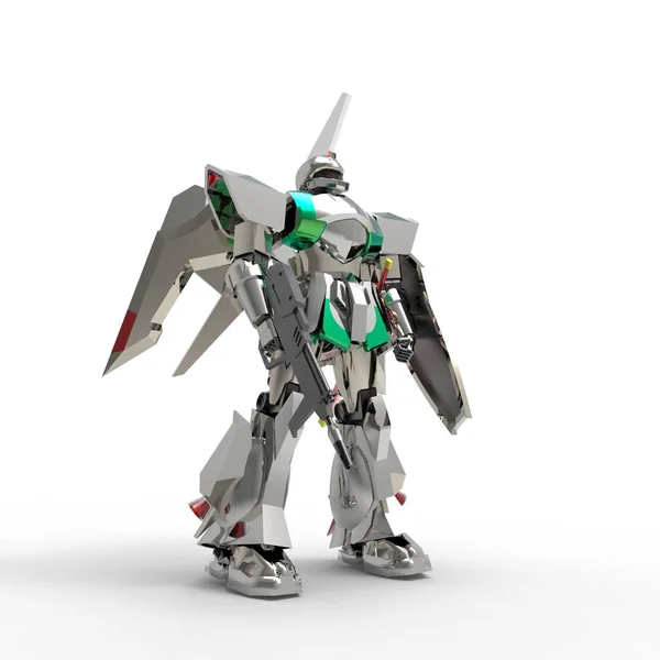 Sci-fi soldado mech em pé sobre um fundo branco. Robô futurista militar com um metal de cor verde e cinza. Mecha controlada por um piloto. Robô de armadura de metal riscado. Batalha de Mech. Renderização 3D — Fotografia de Stock