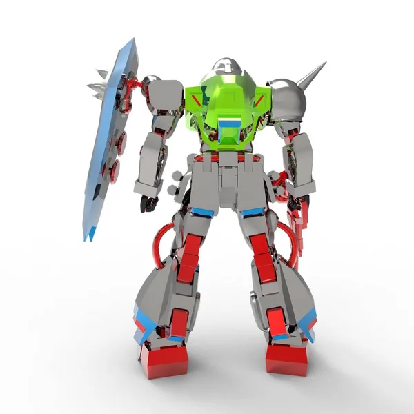 科幻的麦奇士兵站在白色背景上。军事未来机器人与绿色和灰色金属。由飞行员控制的梅奇划伤的金属盔甲机器人。梅奇之战3d 渲染 — 图库照片