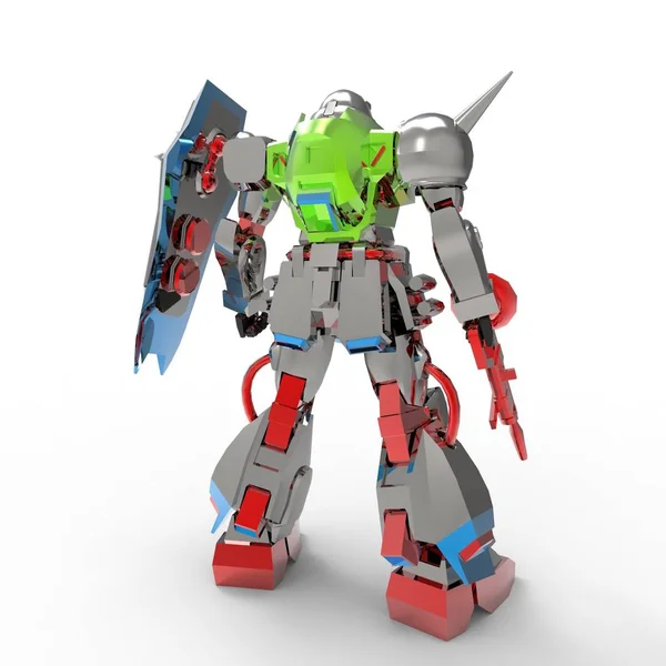 Sci-fi mech soldier standing on a white background. Military futuristic robot with a green and gray color metal. Mech controlled by a pilot. Scratched metal armor robot. Mech Battle. 3D rendering — Stock Photo, Image