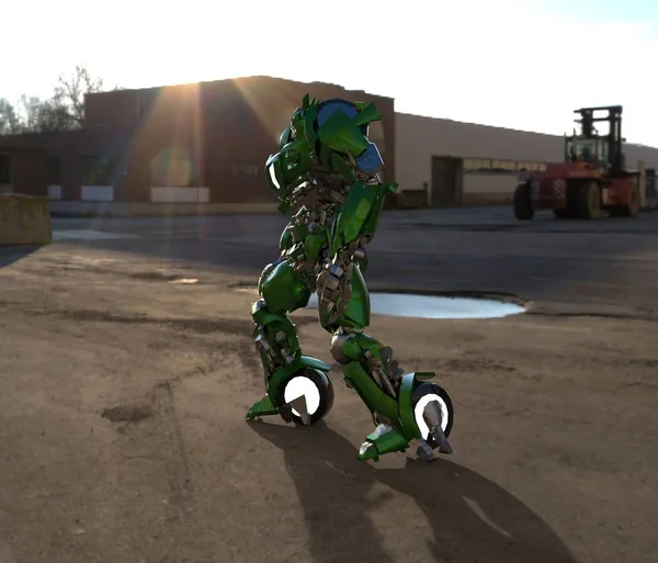 Sci-Fi mech żołnierz stoi na tle krajobrazu. Wojskowy futurystyczny Robot z zielonym i szarym kolorze metalu. Mech kontrolowany przez pilota. Porysowany metalowy pancerz robota. Bitwa mech. Renderowanie 3D — Zdjęcie stockowe