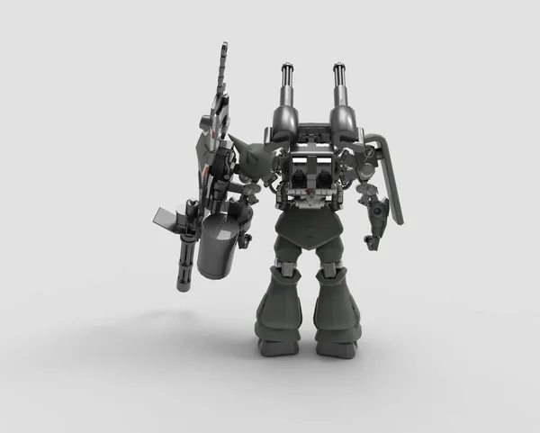 Sci-fi mech soldat în picioare pe un fundal peisaj. Robotul futurist militar cu un metal de culoare verde și gri. Mech controlat de un pilot. Robotul armurii metalice zgâriate. Mech Battle. Redare 3D — Fotografie, imagine de stoc