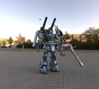 Sci-fi mech asker bir manzara arka plan üzerinde duruyor. Yeşil ve gri renk metal ile askeri fütüristik robot. Mech bir pilot tarafından kontrol ediliyor. Çizik metal zırh robotu. Mech Savaşı. 3d render