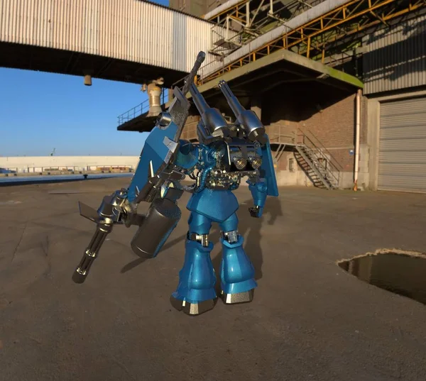 Soldado mecánico de ciencia ficción de pie sobre un fondo de paisaje. Robot futurista militar con metal de color verde y gris. Mech controlado por un piloto. Robot de armadura de metal rayado. Batalla Mech. Renderizado 3D —  Fotos de Stock