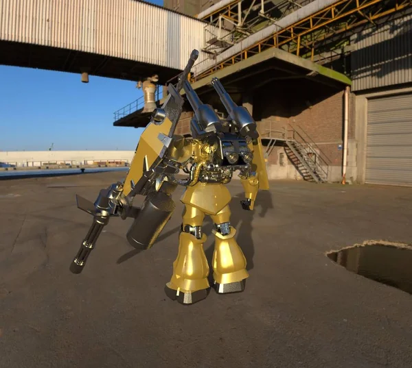 Soldat mécanicien de science-fiction debout sur un fond de paysage. Robot militaire futuriste avec un métal de couleur vert et gris. Mech contrôlé par un pilote. Robot blindé en métal rayé. Bataille de Mech. rendu 3D — Photo