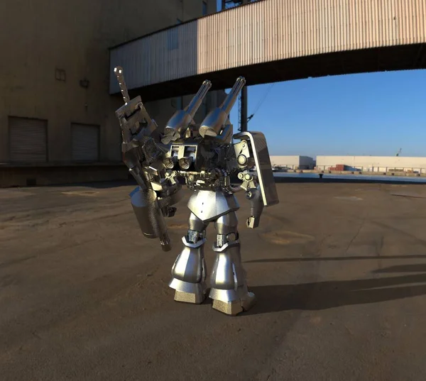 Sci-Fi mech voják stojící na pozadí krajiny. Vojenský futuristický robot se zeleným a šedým barevným kovem. Mech řízen pilotem. Poškrábaný kovový robot. Mech bitva. prostorové vykreslování — Stock fotografie