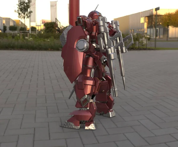 Sci-Fi mech żołnierz stoi na tle krajobrazu. Wojskowy futurystyczny Robot z zielonym i szarym kolorze metalu. Mech kontrolowany przez pilota. Porysowany metalowy pancerz robota. Bitwa mech. Renderowanie 3D — Zdjęcie stockowe