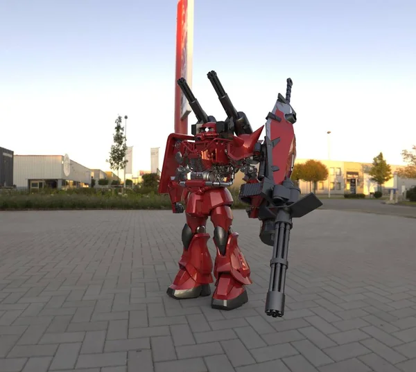 Μηχανικός επιστημονικής φαντασίας που στέκεται σε φόντο τοπίου. Στρατιωτικό φουτουριστικό ρομπότ με πράσινο και γκρι χρώμα μέταλλο. Μηχανή ελεγχόμενη από πιλότο. Χαραγμένη μεταλλική πανοπλία ρομπότ. Μάχη μηχανών. απόδοση 3D — Φωτογραφία Αρχείου