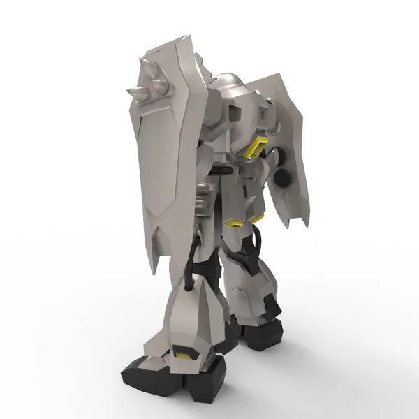 Soldato fantascientifico in piedi su uno sfondo bianco. Robot futuristico militare con metallo di colore verde e grigio. Mech controllato da un pilota. Robot con armatura in metallo graffiato. Battaglia di Mech. Rendering 3D — Foto Stock