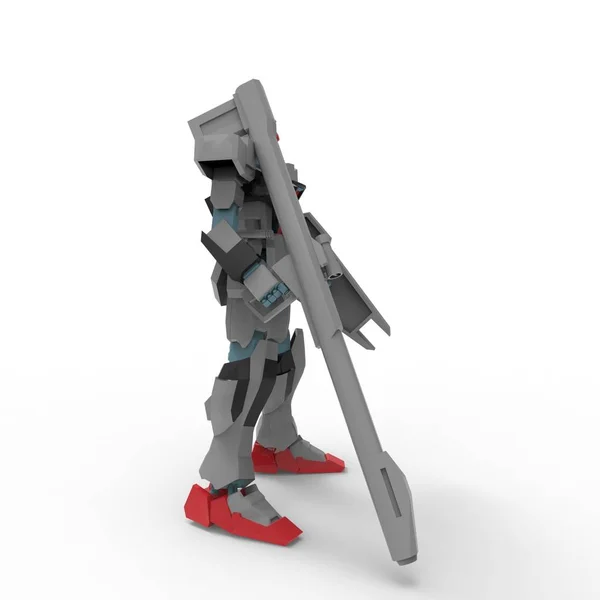 Beyaz bir arka plan üzerinde duran bilim kurgu mech asker. Yeşil ve gri renk metal ile askeri fütüristik robot. Mech bir pilot tarafından kontrol ediliyor. Çizik metal zırh robotu. Mech Savaşı. 3d render — Stok fotoğraf