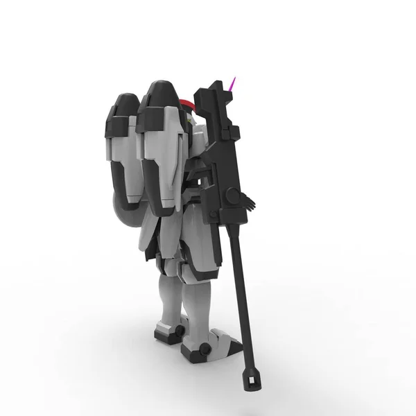 Sci-fi soldado mech em pé sobre um fundo branco. Robô futurista militar com um metal de cor verde e cinza. Mecha controlada por um piloto. Robô de armadura de metal riscado. Batalha de Mech. Renderização 3D — Fotografia de Stock