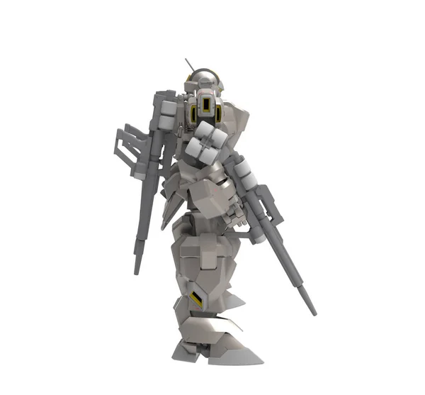 科幻的麦奇士兵站在风景背景上。军事未来机器人与绿色和灰色金属。由飞行员控制的梅奇划伤的金属盔甲机器人。梅奇之战3d 渲染 — 图库照片