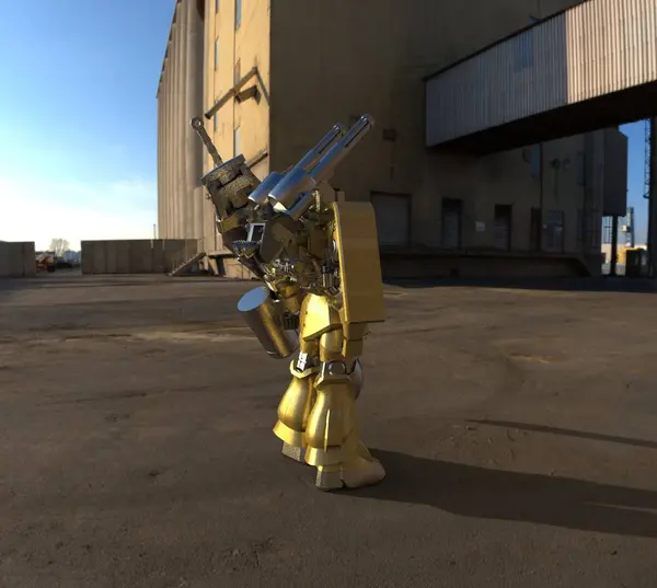 風景の背景に立っているSFメカの兵士。緑と灰色の金属を持つ軍事未来的なロボット。パイロットによって制御されるメカ。傷ついた金属装甲ロボット。メカバトル。3D レンダリング — ストック写真