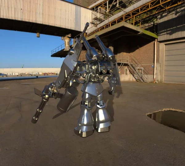 Soldat mécanicien de science-fiction debout sur un fond de paysage. Robot militaire futuriste avec un métal de couleur vert et gris. Mech contrôlé par un pilote. Robot blindé en métal rayé. Bataille de Mech. rendu 3D — Photo