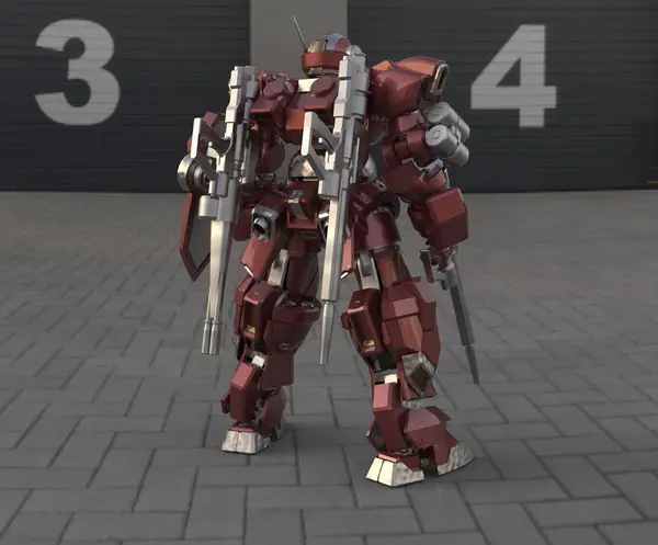 Sci-fi mech asker bir manzara arka plan üzerinde duruyor. Yeşil ve gri renk metal ile askeri fütüristik robot. Mech bir pilot tarafından kontrol ediliyor. Çizik metal zırh robotu. Mech Savaşı. 3d render — Stok fotoğraf