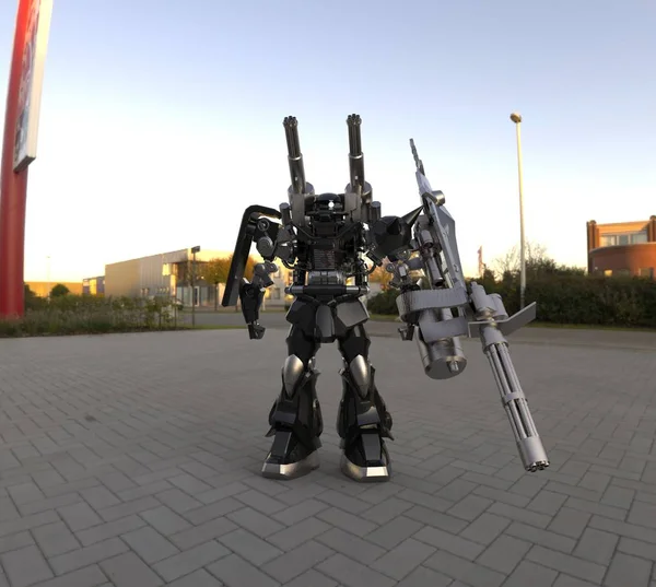 Sci-Fi mech żołnierz stoi na tle krajobrazu. Wojskowy futurystyczny Robot z zielonym i szarym kolorze metalu. Mech kontrolowany przez pilota. Porysowany metalowy pancerz robota. Bitwa mech. Renderowanie 3D — Zdjęcie stockowe