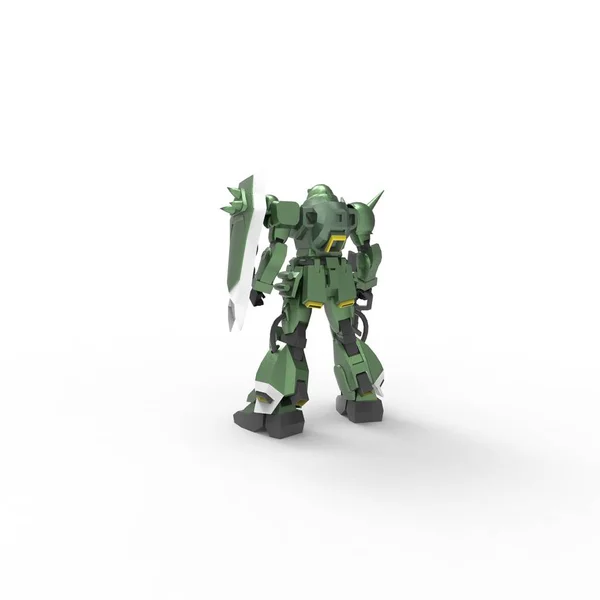 Sci-Fi Mech soldaat die op een witte achtergrond staat. Militaire futuristische robot met een groene en grijze kleur metaal. Mech bestuurd door een piloot. Bekraste metalen Armor robot. Mech-strijd. 3D-rendering — Stockfoto