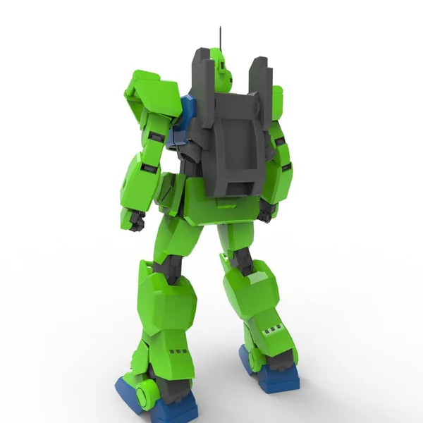 Prajurit Sci-fi Mech berdiri di atas latar belakang putih. Robot militer futuristik dengan logam berwarna hijau dan abu-abu. Mech dikendalikan oleh pilot. Robot baja yang tergores. Pertempuran Mech. Perender 3D — Stok Foto