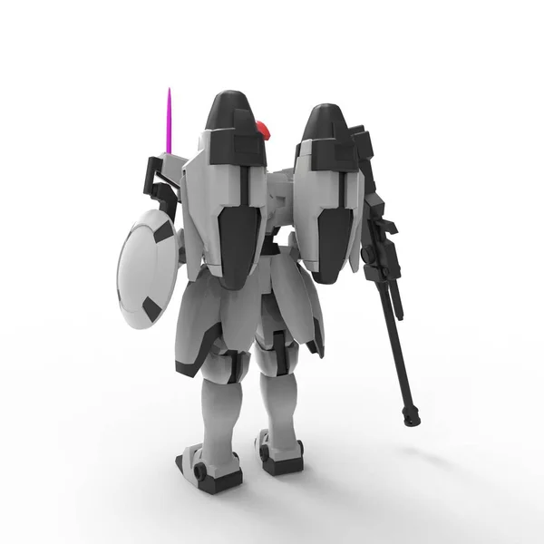 Sci-fi mech soldier standing on a white background. Military futuristic robot with a green and gray color metal. Mech controlled by a pilot. Scratched metal armor robot. Mech Battle. 3D rendering — Stock Photo, Image