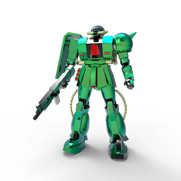 Воин-механик, стоящий на белом фоне. Военный футуристический робот с зеленым и серым цветом металла. Мех контролируется пилотом. Царапины из металлических доспехов. Битва мехов. 3D рендеринг — стоковое фото