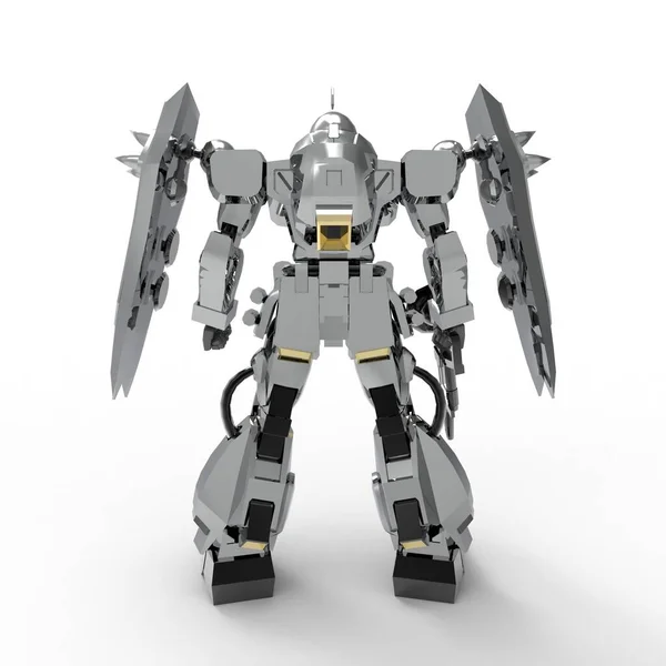 Beyaz bir arka plan üzerinde duran bilim kurgu mech asker. Yeşil ve gri renk metal ile askeri fütüristik robot. Mech bir pilot tarafından kontrol ediliyor. Çizik metal zırh robotu. Mech Savaşı. 3d render — Stok fotoğraf