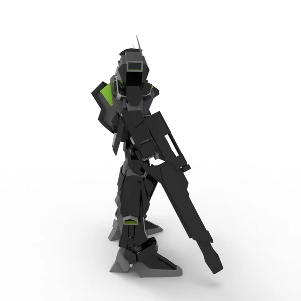 Soldado mecánico de ciencia ficción parado sobre un fondo blanco. Robot futurista militar con metal de color verde y gris. Mech controlado por un piloto. Robot de armadura de metal rayado. Batalla Mech. Renderizado 3D —  Fotos de Stock