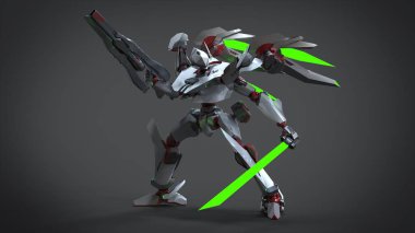Bilim kurgu meka askeri ayakta duruyor. Askeri gelecekçi robot. Mekagodzilla bir pilot tarafından kontrol ediliyor. Mekagodzilla arka planda. Tişört tasarımı, poster, çıkartma.